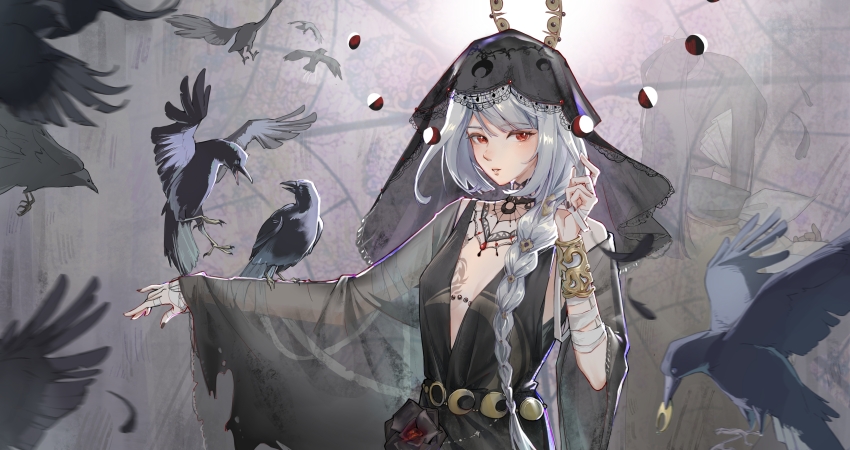 1girl absurdres animal_on_arm bandages bird bird_on_arm black_bird black_choker black_dress black_veil bracer braid breasts chest_tattoo choker cleavage crow dress grey_background grey_hair halo halo_behind_head hand_up highres holding holding_own_hair jiuxin_shaoyu_dokidoki lace-trimmed_veil lace_trim long_braid moon_phases multiple_views no_bra official_alternate_costume plunging_neckline red_eyes reverse:1999 semmelweis_(reverse:1999) semmelweis_(the_wax_and_wane_of_the_heart)_(reverse:1999) single_braid sleeveless sleeveless_dress solo_focus tattoo upper_body veil