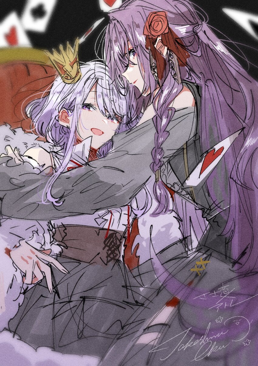 2girls amasawa_hajime amasawa_kyou blush brown_coat card coat commentary_request content_rating crown dress grey_dress highres juliet_sleeves long_hair long_sleeves looking_at_viewer mini_crown multiple_girls open_mouth parted_lips playing_card puffy_sleeves purple_eyes purple_hair sasayaku_you_ni_koi_wo_utau siblings sisters takeshima_eku