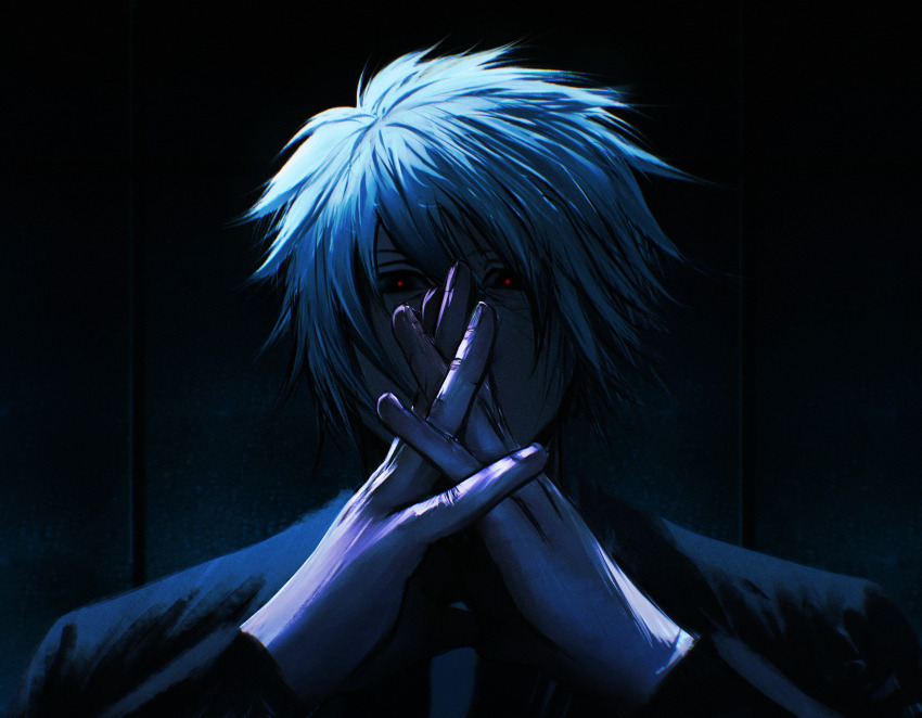 absurdres black_eyes black_suit business_suit crain1art dark_background date_a_live formal_clothes highres necktie non-web_source own_hands_together red_pupils sir_isaac_ray_peram_westcott suit white_hair white_necktie