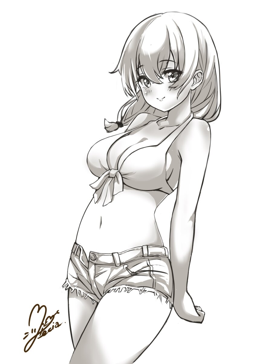 1girl absurdres bikini breasts cleavage denim denim_shorts front-tie_bikini_top front-tie_top higa_kana highres large_breasts looking_at_viewer miki_lutecia navel okinawa_de_suki_ni_natta_ko_ga_hougen_sugite_tsurasugiru open_fly shorts signature smile solo stomach swimsuit thighs