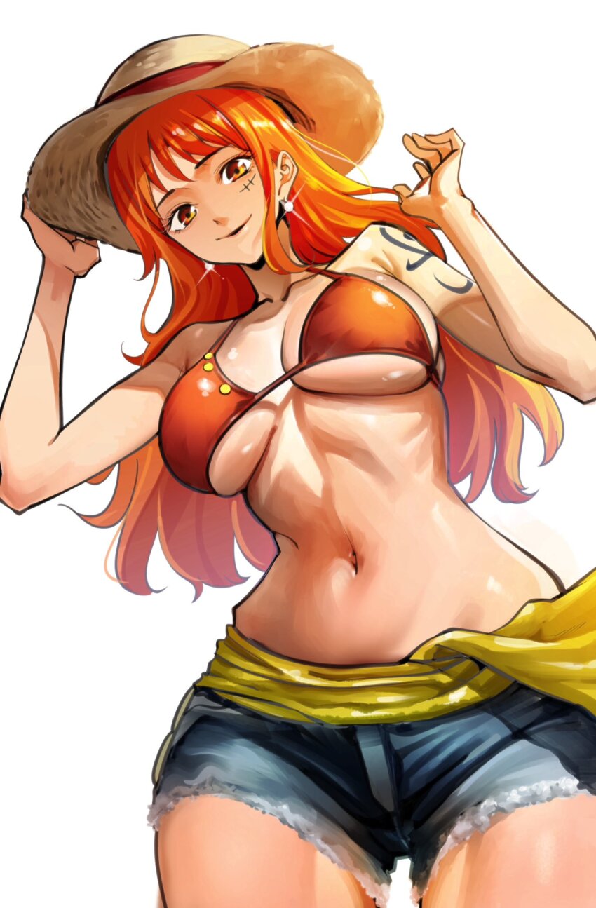 1girl armpit_crease bare_arms bare_shoulders bikini bikini_top_only blue_shorts breasts cleavage closed_mouth collarbone cosplay cowboy_shot curvy denim denim_shorts earrings facial_scar from_below glint halterneck hand_on_headwear hat highres jewelry large_breasts long_hair looking_at_viewer midriff mixed-language_commentary monkey_d._luffy monkey_d._luffy_(cosplay) nadainishi nami_(one_piece) navel one_piece orange_hair pearl_earrings red_bikini sash scar scar_on_cheek scar_on_face shorts shoulder_tattoo single_sidelock smile solo straw_hat swimsuit tattoo underboob wavy_hair white_background wide_hips yellow_sash