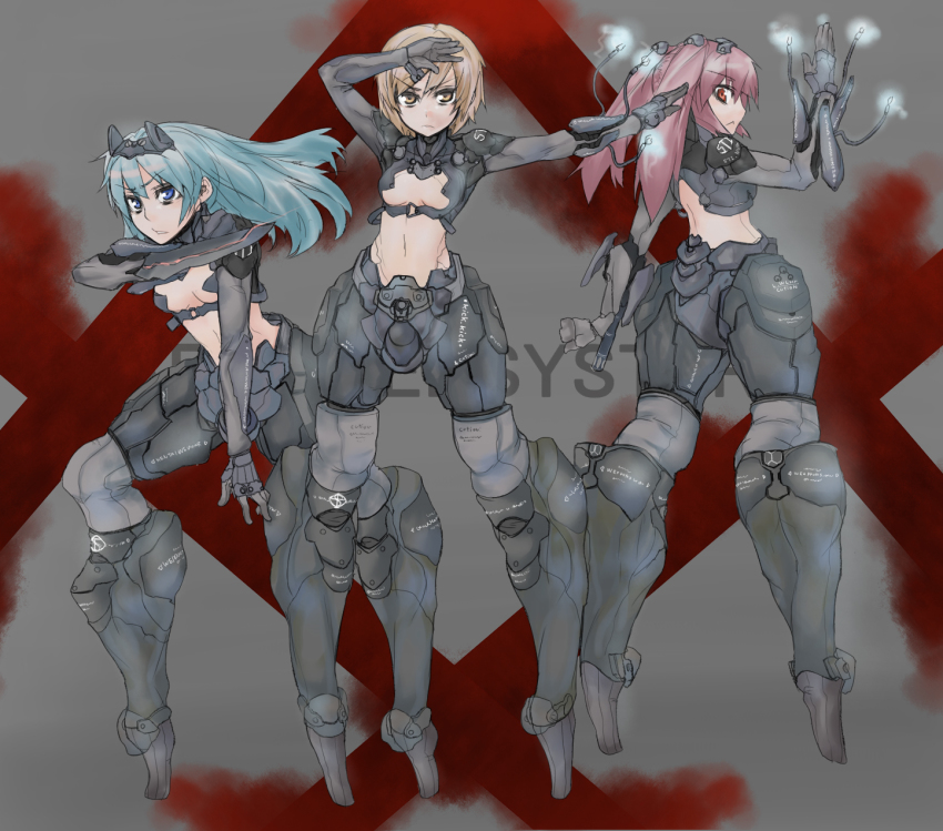3girls bad_id bad_pixiv_id blonde_hair blue_hair highres long_hair mecha_musume metal_gear_(series) metal_gear_solid midriff multiple_girls pink_hair short_hair sigama sigma_(artist) twintails