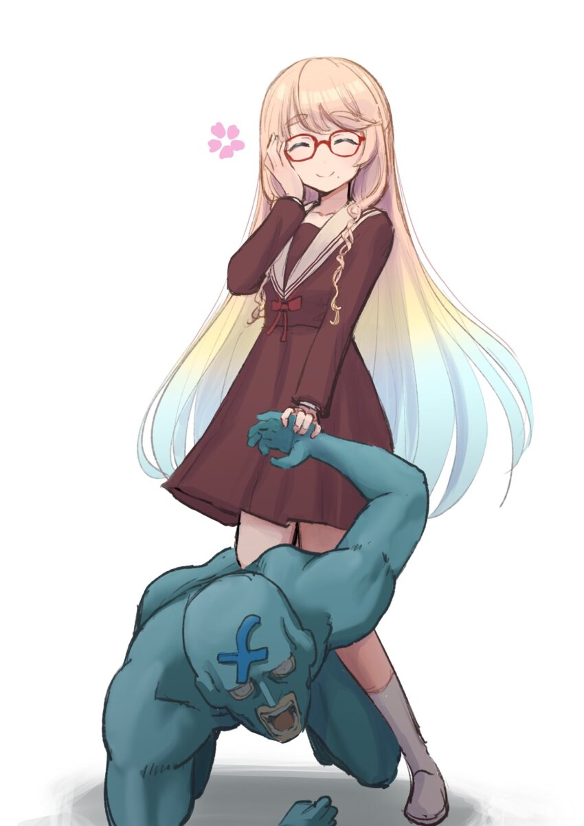 1boy 1girl arm_behind_back blonde_hair blue_bodysuit blue_hair blue_mask bodysuit brown_serafuku brown_shirt brown_skirt cherry_blossoms constricted_pupils false_smile flower_symbol frimomen_(voicepeak) glasses gradient_hair hand_grab hand_on_own_cheek hand_on_own_face haruno_sora highres kimutomo_2 kneehighs long_sleeves mole mole_under_mouth multicolored_hair muscular muscular_male open_mouth pain prostration sailor_collar school_uniform serafuku shirt skirt smile socks standing standing_on_one_leg submission_hold thick_eyebrows voicepeak voiceroid white_sailor_collar wide-eyed wrestling