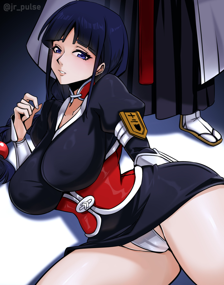 1boy 1girl absurdres artist_name bleach blue_eyes braid braided_ponytail breasts choker highres japanese_clothes jrpulse kurotsuchi_mayuri kurotsuchi_nemu large_breasts looking_at_viewer panties shihakusho shiny_skin sword underwear weapon white_panties zanpakutou