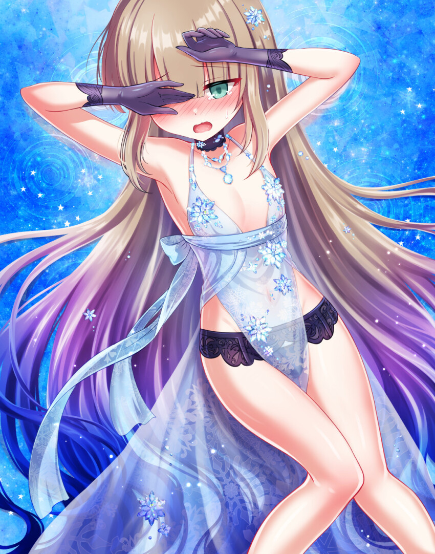 1boy alternate_hairstyle artoria_pendragon_(lancer_alter)_(fate) artoria_pendragon_(royal_icing)_(fate) artoria_pendragon_(royal_icing)_(fate)_(cosplay) babydoll black_gloves black_panties blue_babydoll blue_hair blush captain_nemo_(fate) choker cosplay crossdressing fate/grand_order fate_(series) gloves gradient_hair green_eyes hair_down highres jewelry light_brown_hair long_hair male_focus multicolored_hair necklace nemo_(fate) nose_blush panties revealing_clothes see-through_clothes shell_ocean snowflake_print solo trap underwear very_long_hair