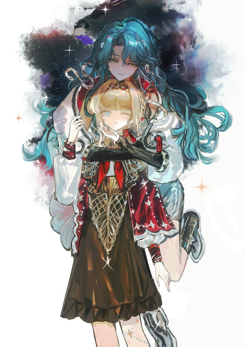 2girls ;o absurdres blonde_hair blue_eyes blue_hair boots border braid braided_bangs brown_dress chin_rest cloak dress fading_border feet_out_of_frame grey_boots grey_jacket hand_up head_on_head head_rest highres hissabeth hug hug_from_behind jacket kiperina leg_up long_hair looking_at_another looking_at_viewer looking_down low_ponytail medium_dress multiple_girls neckerchief one_eye_closed ponytail red_cloak red_neckerchief reverse:1999 shirt snake snake_on_head sparkle standing standing_on_one_leg star_(sky) starry_sky_background weiyan_(nbnbmwnl) white_background white_shirt yellow_eyes