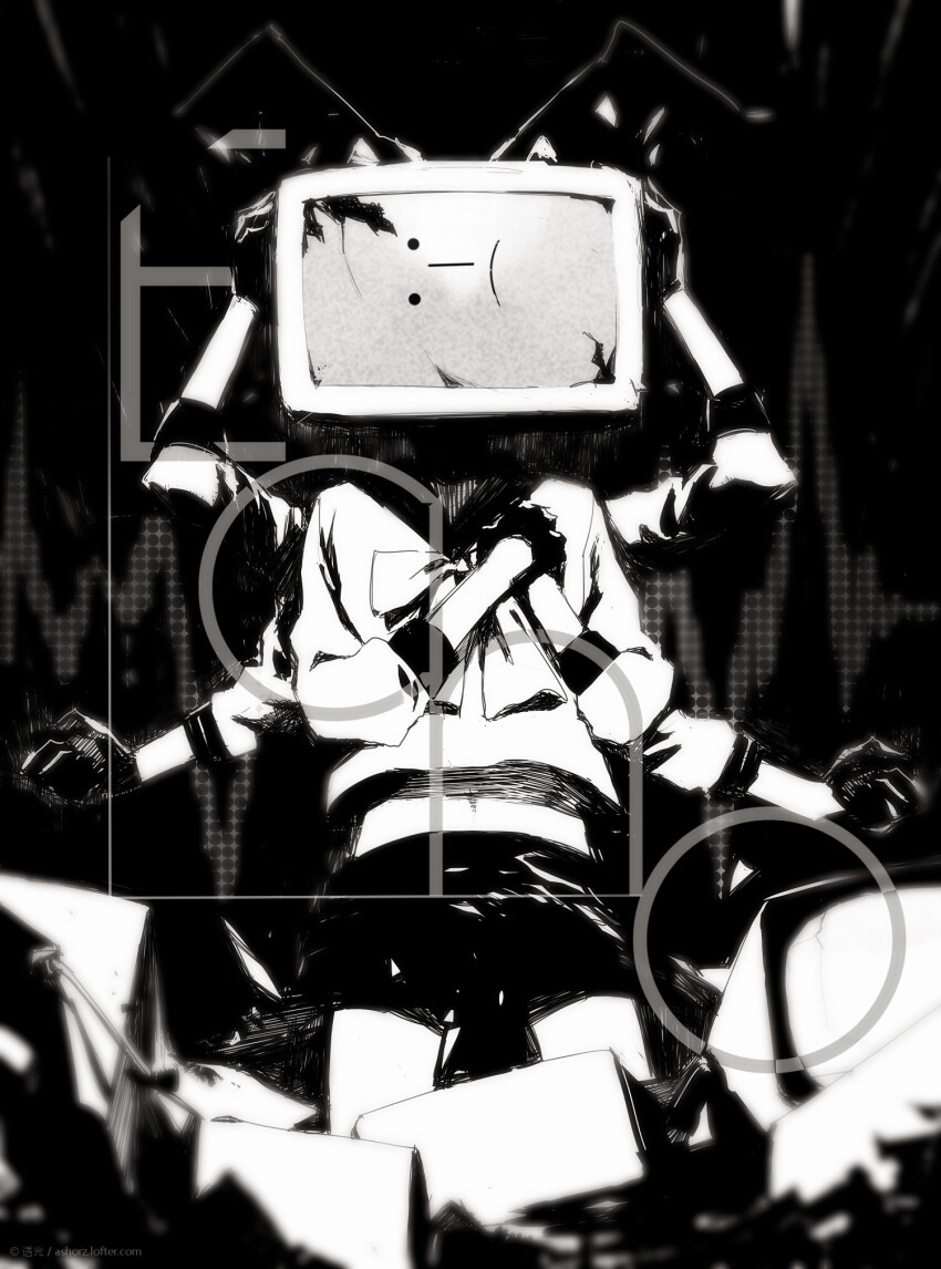 1girl ashorz bow copyright_name crack cracked_screen echo_(vocaloid) extra_arms frown gloves hands_on_own_chest hands_on_own_head highres object_head primadonna_(echo) radio_antenna sailor_collar school_uniform serafuku shirt_bow skirt three-quarter_sleeves solo straight-on television vocaloid wavelengths
