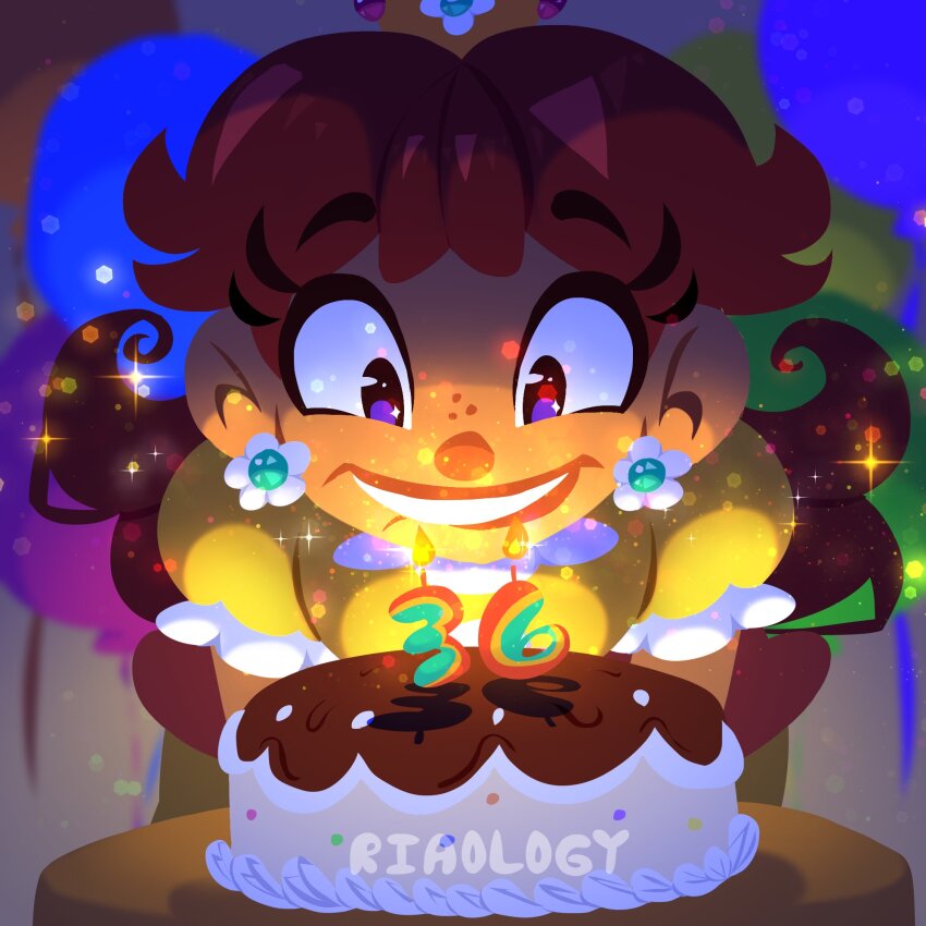 1girl anniversary artist_name birthday birthday_cake brown_hair cake candle crown dress earrings flower_earrings food grin happy_birthday highres jewelry mario_(series) nintendo orange_dress princess_daisy puffy_short_sleeves puffy_sleeves short_sleeves smile super_mario_land tomboy