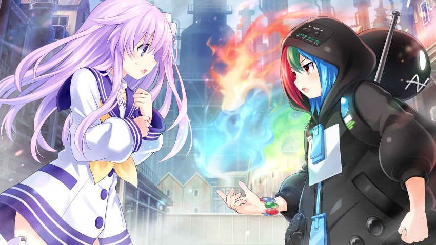 2girls blue_hair blush bracelet building choujigen_taisen_neptune_vs_sega_hard_girls d-pad female_focus fire from_side game_cg green_hair hair_ornament highres hood hoodie jewelry long_hair looking_at_another multicolored_hair multiple_girls nepgear neptune_(series) open_mouth outdoors purple_eyes purple_hair red_eyes red_hair sega_game_gear_(sega_hard_girls) sega_hard_girls sweat tsunako window