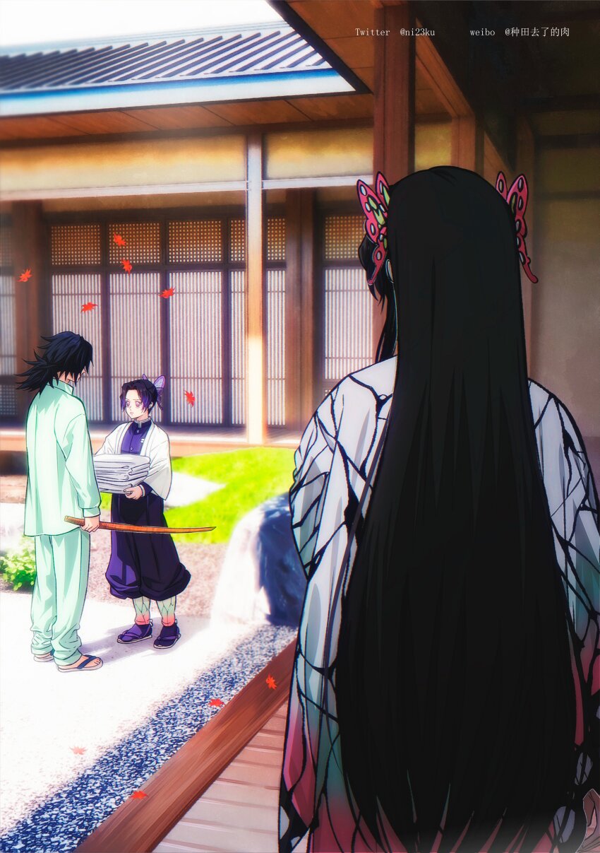 1boy 2girls absurdres alternate_costume aqua_pants aqua_shirt black_hair butterfly_hair_ornament from_behind full_body hair_ornament haori highres holding holding_sword holding_weapon jacket japanese_clothes katana kimetsu_no_yaiba kochou_kanae kochou_shinobu long_hair low_ponytail multiple_girls niku_(ni23ku) outdoors pants ponytail purple_jacket purple_pants shirt spiked_hair standing sword tomioka_giyuu very_long_hair weapon white_haori