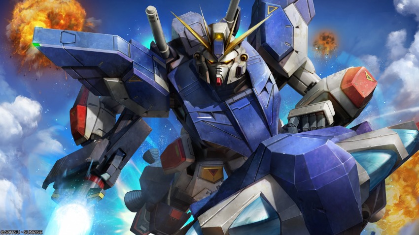 absurdres battle beam_rifle cloud cloudy_sky company_name copyright_notice energy_gun explosion f90ii_gundam flying gundam gundam_battle_operation_2 gundam_f90 highres looking_at_viewer machinery mecha mecha_focus mobile_suit no_humans official_art painting_(medium) realistic robot scan science_fiction sky solo sunrise_(company) tenjin_hidetaka thrusters traditional_media v-fin weapon yellow_eyes