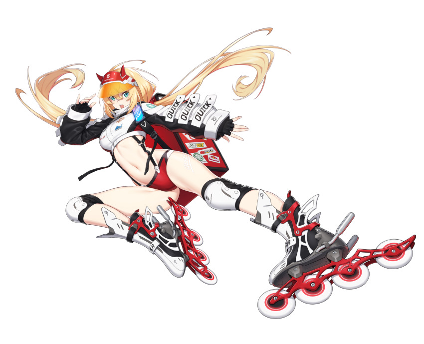1girl black_gloves blonde_hair blue_eyes breasts counter:side crop_top fingerless_gloves full_body gloves highres lara_jaeger leg_tattoo long_hair navel official_art roller_skates shorts skates solo stomach tachi-e tattoo transparent_background twintails visor_cap