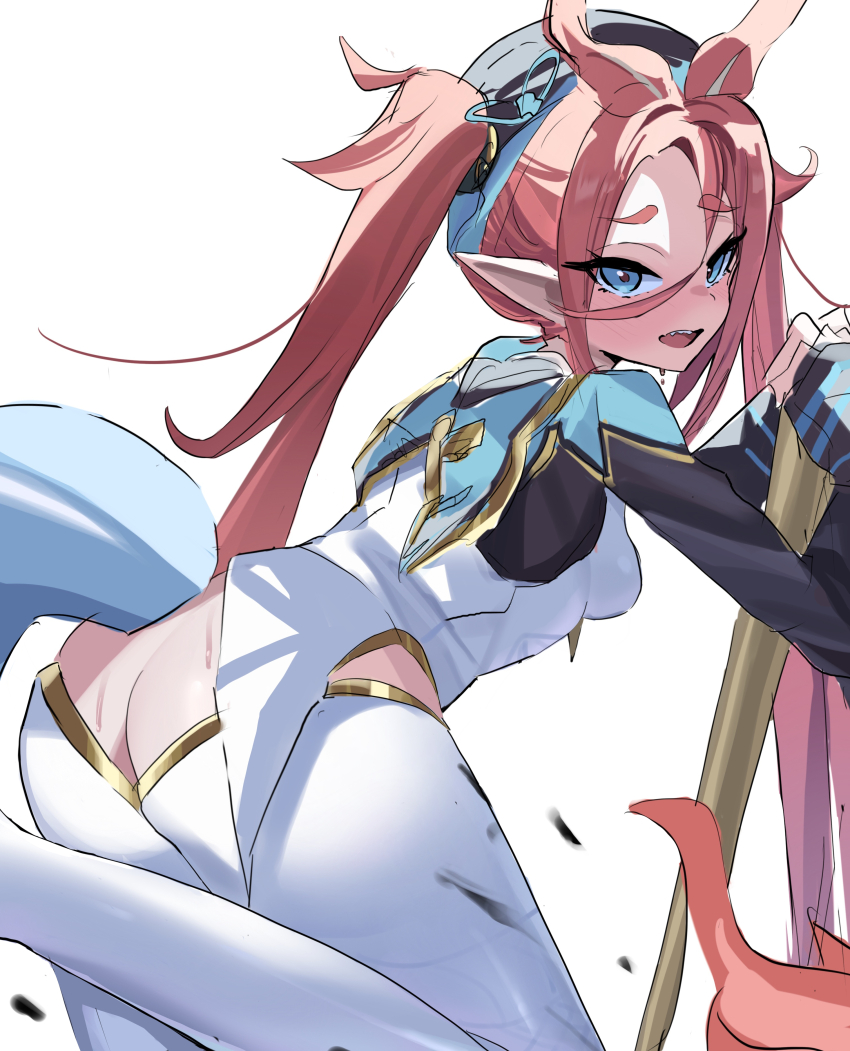 1girl absurdres aqua_capelet black_sleeves blue_eyes blue_tail breasts calligraphy_brush capelet chixia_(stella_sora) dress eastern_dragon_tail fanged_bangs flipped_bangs furisode_sleeves giant_brush highres hiphighs holding holding_calligraphy_brush holding_paintbrush kuwa_za long_hair long_sidelocks long_sleeves no_panties open_mouth paintbrush pantyhose red_hair short_eyebrows sidelocks small_breasts solo stella_sora tail twintails very_long_hair white_dress white_hiphighs white_pantyhose yunjian