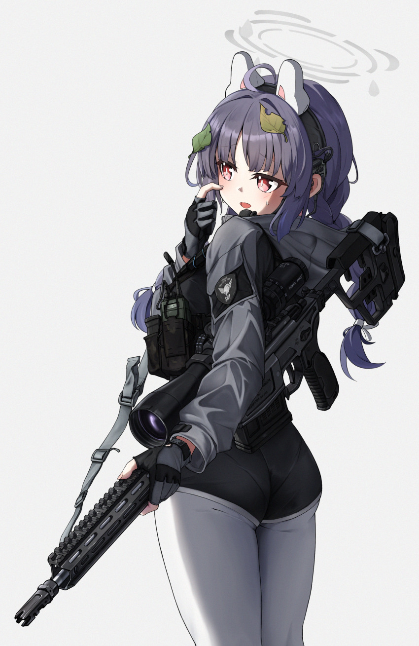 1girl ahoge ammunition_pouch animal_ears ass black_gloves black_shorts blue_archive blush braid bright_pupils clov3r commentary_request cowboy_shot dolphin_shorts fake_animal_ears fingerless_gloves from_behind furrowed_brow gloves grey_halo grey_hoodie grey_pantyhose gun gun_sling hair_ribbon halo headset highres hood hood_down hoodie korean_commentary leaf leaf_on_head legs_together load_bearing_vest long_hair long_sleeves magazine_(weapon) microphone miyu_(blue_archive) open_mouth pantyhose pantylines pouch purple_hair rabbit_ears red_eyes ribbon rifle scope scratching_cheek short_shorts shorts sig_cross simple_background sniper_rifle solo standing sweat turning_head walkie-talkie weapon white_background white_pupils white_ribbon