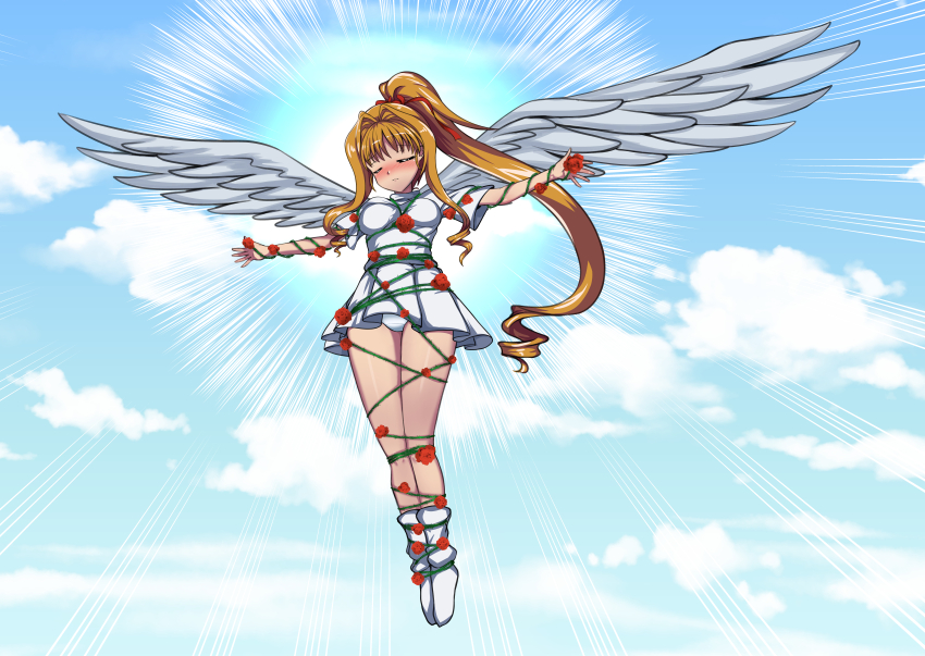 1girl absurdres angel_wings blonde_hair cyber_(cyber_knight) dress henshin highres kaitou_jeanne kamikaze_kaitou_jeanne kusakabe_maron legs loose_socks panties petals ponytail rose_petals socks thorns transformation underwear white_dress wings