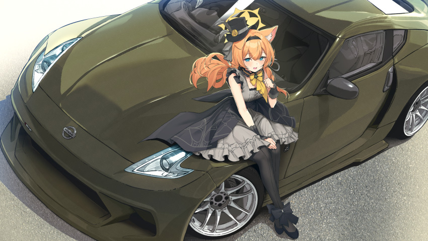 1girl animal_ears black_dress black_hat black_pantyhose blue_archive blue_eyes bow car cat_ears cat_girl commentary dress frilled_dress frills green_car grey_dress halo hat highres jun_project long_hair looking_at_viewer low_twintails mari_(blue_archive) mari_(idol)_(blue_archive) mini_hat mini_top_hat motor_vehicle nissan nissan_370z nissan_fairlady_z official_alternate_costume official_alternate_hairstyle on_car open_mouth pantyhose solo top_hat twintails two-tone_dress wrist_wrap yellow_bow yellow_halo