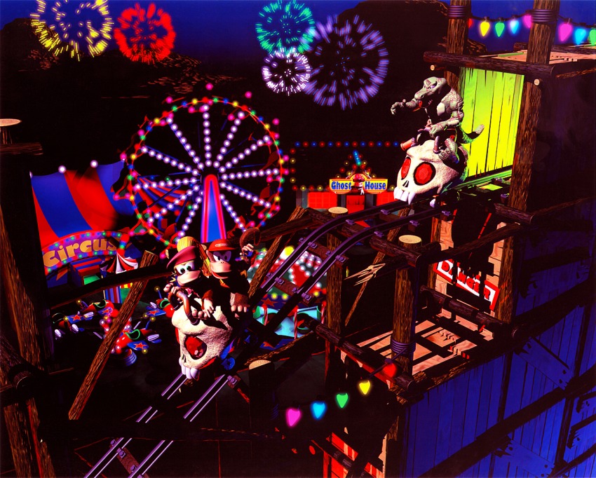 3d ad amusement_park ape circus diddy_kong dixie_kong donkey_kong_(series) ferris_wheel fireworks kremling monkey nintendo promotional_art rareware roller_coaster
