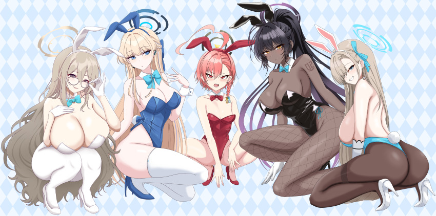 5girls :o absurdres ahoge akane_(blue_archive) akane_(bunny)_(blue_archive) animal_ear_hairband animal_ears argyle_background ass asuna_(blue_archive) asuna_(bunny)_(blue_archive) backless_leotard bare_arms bare_back bare_legs bare_shoulders black_hair black_leotard blonde_hair blue_archive blue_bow blue_bowtie blue_eyes blue_halo blue_leotard blue_ribbon blush bow bowtie braid breasts brown_hair cleaning_&amp;_clearing_(blue_archive) collarbone commentary dark-skinned_female dark_skin detached_collar earrings fake_animal_ears fake_tail fishnet_pantyhose fishnets full_body glasses gloves hair_between_eyes hair_ornament hair_over_one_eye hair_ribbon hairband hairclip halo hand_on_own_chest high_heels highleg highleg_leotard highres huge_ahoge jewelry karin_(blue_archive) karin_(bunny)_(blue_archive) kneeling kuro_hopper large_breasts leotard long_hair looking_at_viewer looking_back mole mole_under_eye multiple_girls neru_(blue_archive) neru_(bunny)_(blue_archive) official_alternate_costume open_mouth orange_hair oversized_breast_cup pantyhose playboy_bunny rabbit_ear_hairband rabbit_ears rabbit_tail red_bow red_bowtie red_leotard red_shoes ribbon shoes short_hair single_braid small_breasts smile spread_legs squatting strapless strapless_leotard stud_earrings tail thighband_pantyhose toki_(blue_archive) toki_(bunny)_(blue_archive) two-tone_background very_long_hair white_gloves white_hairband white_pantyhose white_shoes yellow_eyes