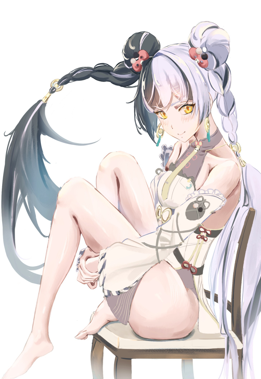 1girl bare_shoulders barefoot black_hair blush braid braided_twintails breasts chair china_dress chinese_clothes closed_mouth collarbone commentary_request dialyn_(zenless_zone_zero) dress earrings from_side hair_extensions hair_ornament hands_under_legs highres id_card jewelry knees_up long_hair looking_at_viewer multicolored_hair necktie nukko2ny on_chair own_hands_together ring_hair_extensions simple_background sitting smile solo split-color_hair very_long_hair white_background white_hair yellow_eyes yellow_necktie zenless_zone_zero