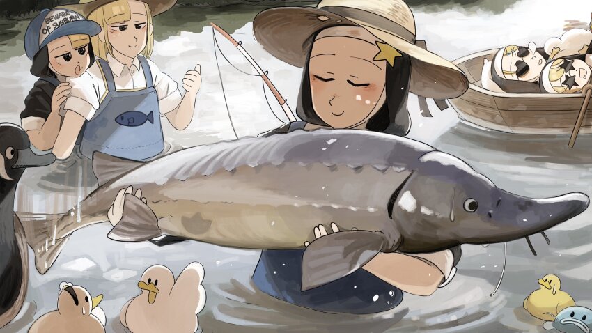 5girls :o bird blonde_hair canada_goose catfish chicken closed_eyes clumsy_nun_(diva) commentary diva_(hyxpk) duck duckling english_commentary fish fishing_rod goose habit headwear_writing heart heart-shaped_eyewear highres little_nuns_(diva) multiple_girls nose_bubble nun partially_submerged pointing slice_of_life spicy_nun&#039;s_mother_(diva) spicy_nun_(diva) star-shaped_eyewear star_(symbol) star_nun_(diva) star_ornament strict_nun_(diva) sturgeon_(fish) sunglasses thumbs_up traditional_nun yellow_eyes