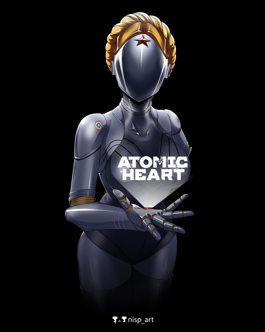 1girl absurdres android arm_behind_back artist_name atomic_heart black_background blonde_hair copyright_name cowboy_shot faceless hand_up highres humanoid_robot nisp_art red_star right_(atomic_heart) robot solo star_(symbol)