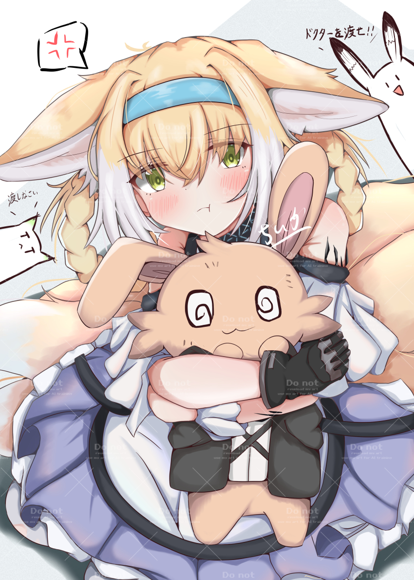 1girl :t absurdres anger_vein animal_ears arknights bare_shoulders black_gloves blonde_hair blush braid chiika29898041 closed_mouth dress fox_ears fox_girl fox_tail frilled_dress frills gloves green_eyes hairband highres holding holding_stuffed_toy infection_monitor_(arknights) kitsune kyuubi looking_at_viewer material_growth multiple_tails oripathy_lesion_(arknights) pout purple_dress speech_bubble stuffed_animal stuffed_rabbit stuffed_toy suzuran_(arknights) tail watermark watermark_grid