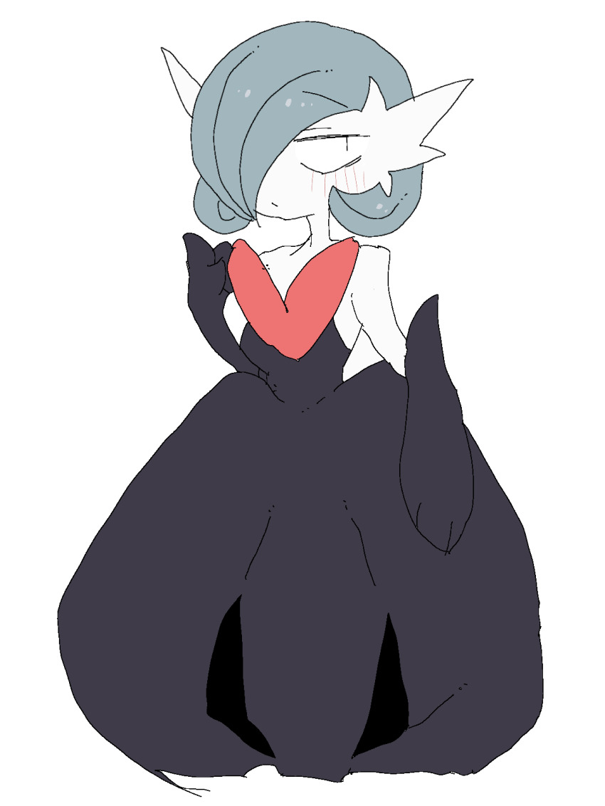 1girl alternate_color bare_shoulders black_dress black_eyes black_gloves blue_hair blush bob_cut breasts closed_mouth colored_skin dress elbow_gloves female_focus flat_color full_body gardevoir gen_3_pokemon gloves hair_over_one_eye hand_up highres jitome light_blush long_dress looking_to_the_side mega_gardevoir mega_pokemon nintendo one_eye_covered pokemon pokemon_(creature) shiny_pokemon short_hair simple_background small_breasts solo standing strapless strapless_dress white_background white_skin yamada_(pixiv_24040206)