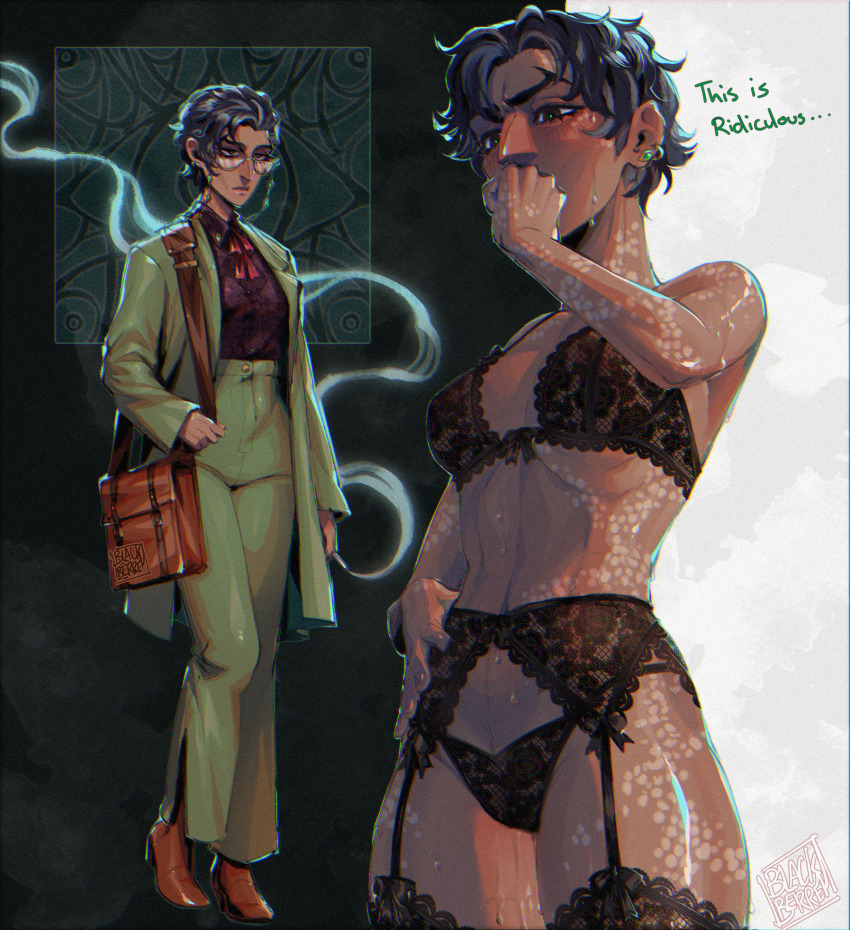 1girl absurdres aquiline_nose bag blackberreh-art blush bra cigarette dark-skinned_female dark_skin earrings eyelashes facial_scar formal_clothes genderswap genderswap_(mtf) glasses grey_hair high-waist_pants highres holding holding_cigarette jewelry jonathan_sims lace lace-trimmed_bra lace-trimmed_thighhighs lace_bra lace_garter_belt lace_panties lace_trim lingerie navel nose panties pants ribs scar scar_on_arm scar_on_cheek scar_on_face short_hair skinny smoke smoking suit sweat the_magnus_archives thighhighs thong tomboy underwear
