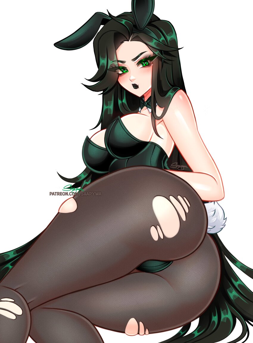 1girl absurdres animal_ears ass black_leotard breasts detached_collar fake_animal_ears green_eyes hela_(marvel) highres large_breasts leotard long_hair looking_at_viewer marvel marvel_rivals pantyhose playboy_bunny rabbit_ears rabbit_tail shapy_wa simple_background solo strapless strapless_leotard tail torn_clothes torn_pantyhose white_background wrist_cuffs