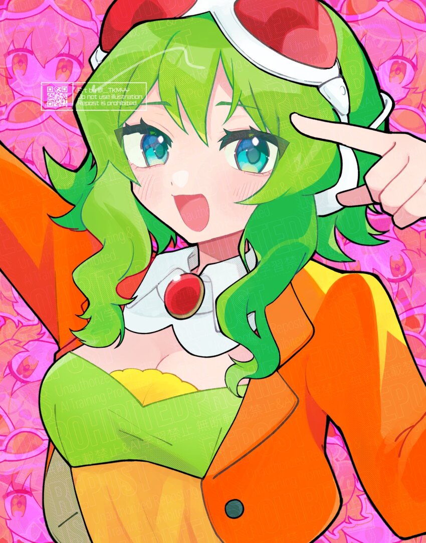 1girl :3 arms_up blue_eyes breasts brooch character_background cropped_jacket detached_collar goggles goggles_on_head green_hair green_tube_top gumi gumi_(ai_megpoid) headphones highres jacket jewelry looking_at_viewer medium_breasts open_clothes open_jacket open_mouth orange_jacket pointing pointing_at_self red-tinted_eyewear red_goggles short_hair sidelocks smile solo strapless takamiya_yuu tinted_eyewear tube_top upper_body vocaloid watermark wing_collar