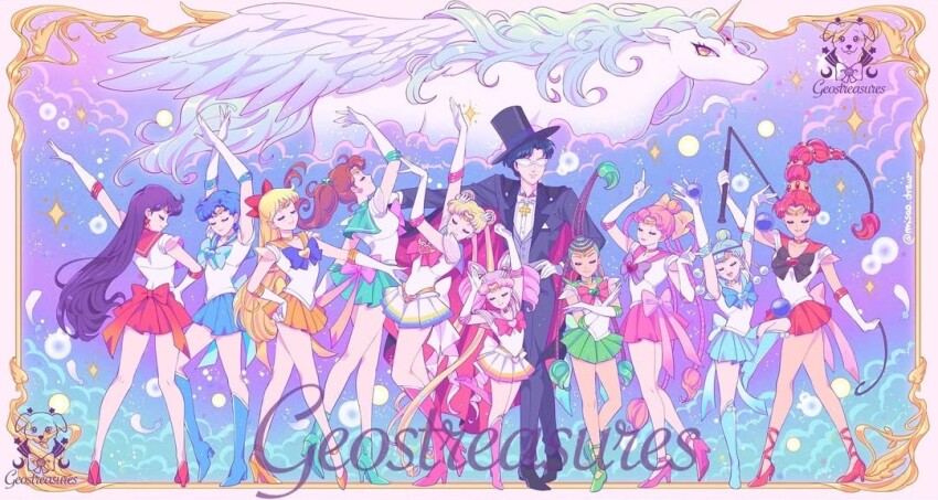 1boy 6+girls aino_minako amazoness_quartet arms_up back_bow bishoujo_senshi_sailor_moon bishoujo_senshi_sailor_moon_stars black_bow black_bowtie blue_bow blue_bowtie blue_footwear blue_hair blue_sailor_collar blue_skirt boots bow bowtie brooch brown_bow brown_bowtie cerecere_(sailor_moon) chiba_mamoru chibi_usa choker circlet closed_eyes collarbone cone_hair_bun earrings elbow_gloves female_focus full_body gem geostreasures gloves green_footwear green_hair green_sailor_collar green_skirt hair_bun heart heart_brooch helios_(sailor_moon) high_heels hino_rei inner_senshi jewelry junjun_(sailor_moon) kino_makoto knee_boots long_hair miniskirt mizuno_ami multicolored_background multicolored_skirt multiple_girls orange_footwear outstretched_arm pallapalla_(sailor_moon) parted_bangs pearl_(gemstone) pearl_earrings pink_bow pink_footwear pink_hair pink_sailor_collar pink_skirt pleated_skirt puffy_short_sleeves puffy_sleeves purple_bow purple_bowtie red_bow red_footwear red_hair red_sailor_collar red_skirt sailor_ceres sailor_chibi_moon sailor_collar sailor_juno sailor_jupiter sailor_mars sailor_mercury sailor_moon sailor_pallas sailor_senshi sailor_venus sailor_vesta shirt shoes short_hair short_sleeves skirt smile standing standing_on_one_leg stud_earrings super_sailor_chibi_moon super_sailor_jupiter super_sailor_mars super_sailor_mercury super_sailor_moon super_sailor_venus tsukino_usagi tuxedo_kamen unicorn very_long_hair vesves_(sailor_moon) white_gloves white_shirt wings