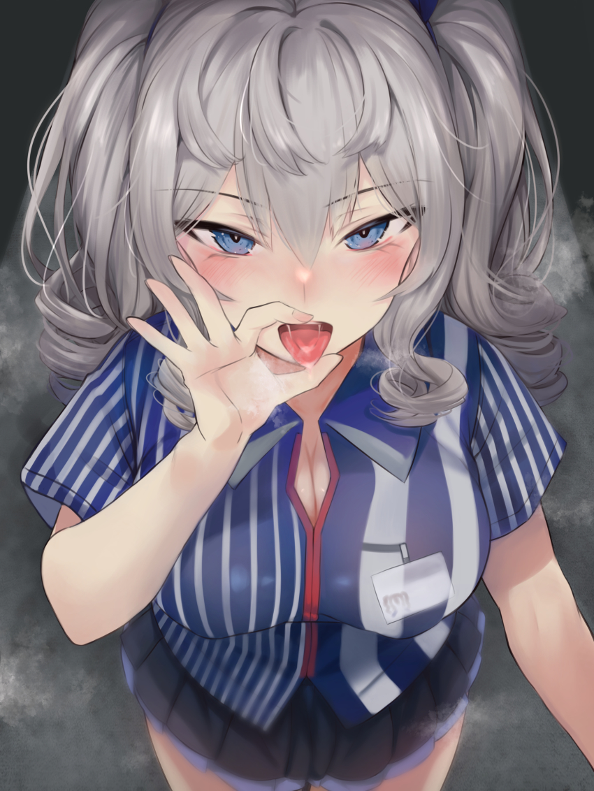 1girl absurdres blue_eyes blue_shirt blush breasts commentary_request employee_uniform fellatio_gesture has_bad_revision has_downscaled_revision highres kantai_collection kashima_(kancolle) kashima_(lawson)_(kancolle) large_breasts lawson long_hair looking_at_viewer md5_mismatch open_mouth oral_invitation resolution_mismatch revision shirt short_sleeves sidelocks silver_hair source_smaller striped_clothes striped_shirt tongue tongue_out torriet twintails wavy_hair