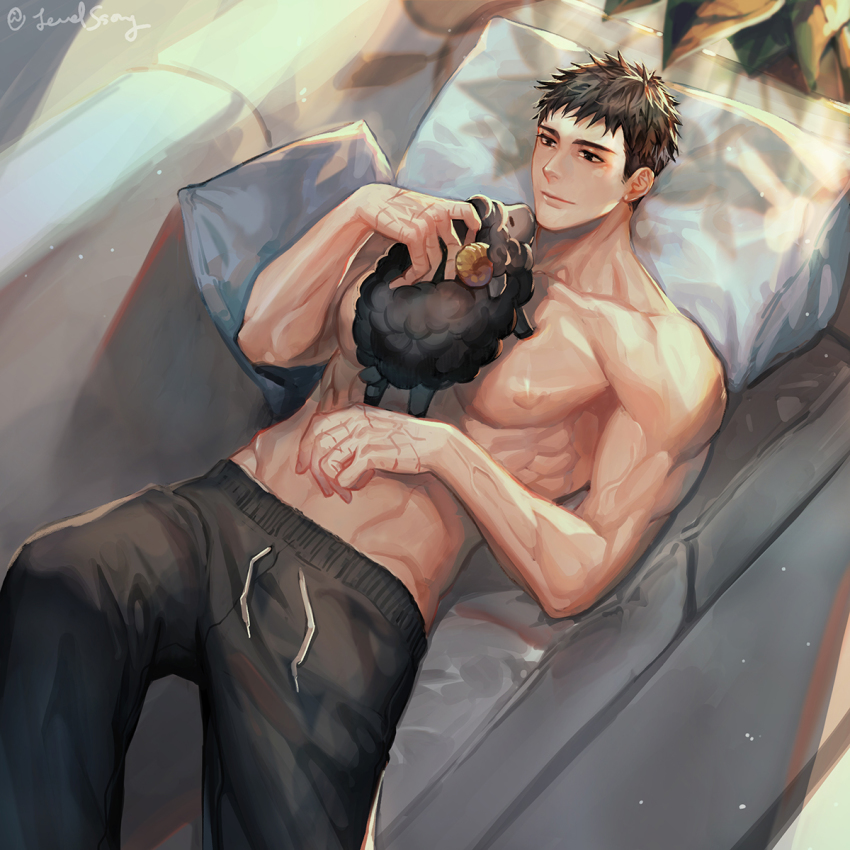 1boy abs animal bara black_hair black_pants black_sheep closed_mouth couch highres large_pectorals lying male_focus muscular muscular_male nipples on_back on_couch original pants pectorals pillow scar scar_on_hand sheep short_hair ssong-ga topless_male