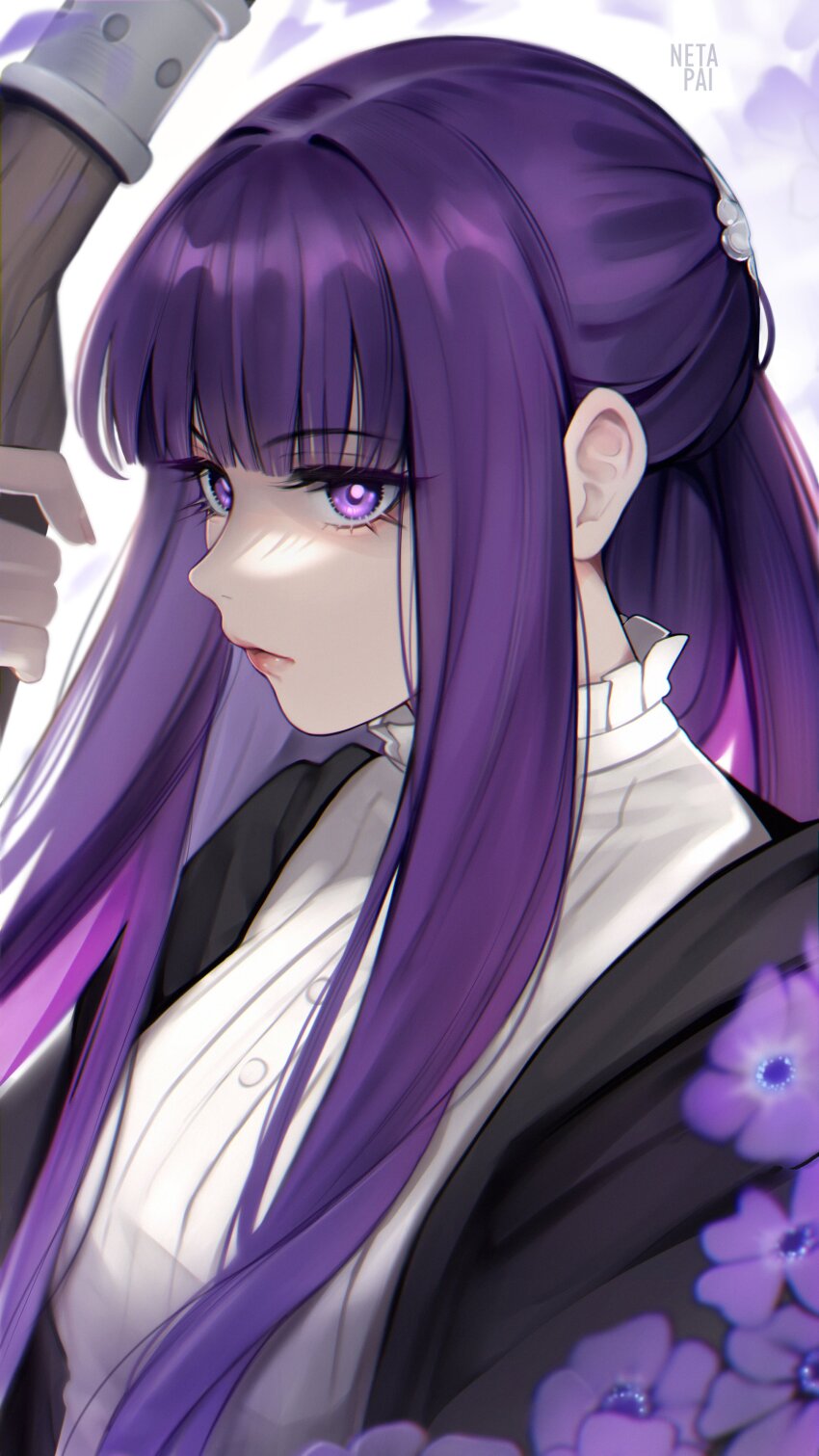 1girl absurdres blunt_bangs dress fern_(sousou_no_frieren) flower highres long_hair looking_to_the_side makeup netapai1 purple_eyes purple_hair sousou_no_frieren white_dress
