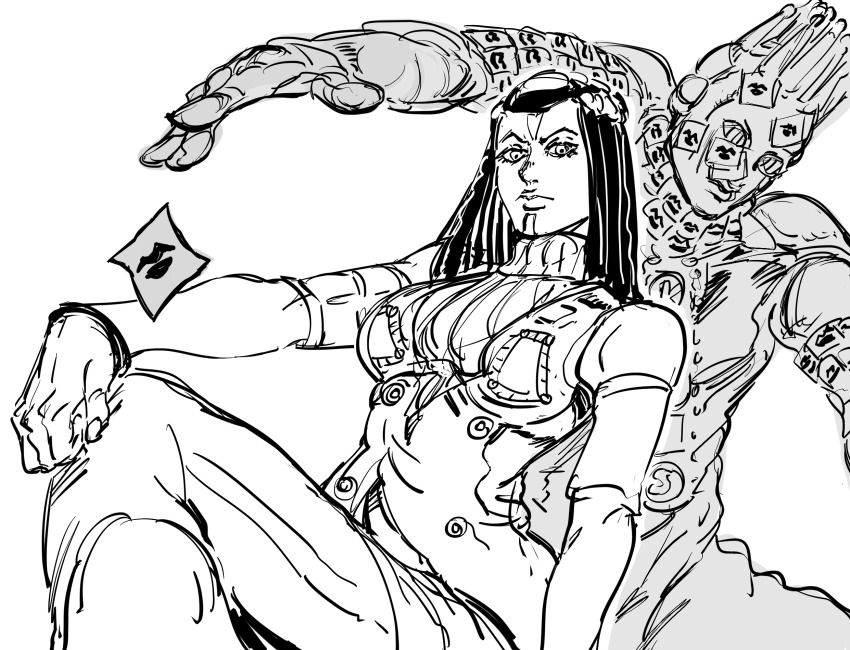 1girl araki_hirohiko_(style) bad_id bb_(baalbuddy) breasts chin_strap closed_mouth dreadlocks ermes_costello facial_mark female_focus forehead_mark greyscale highres inactive_account jojo_no_kimyou_na_bouken jojo_pose kiss_(stand) looking_at_viewer medium_breasts medium_hair monochrome simple_background solo stone_ocean white_background wristband