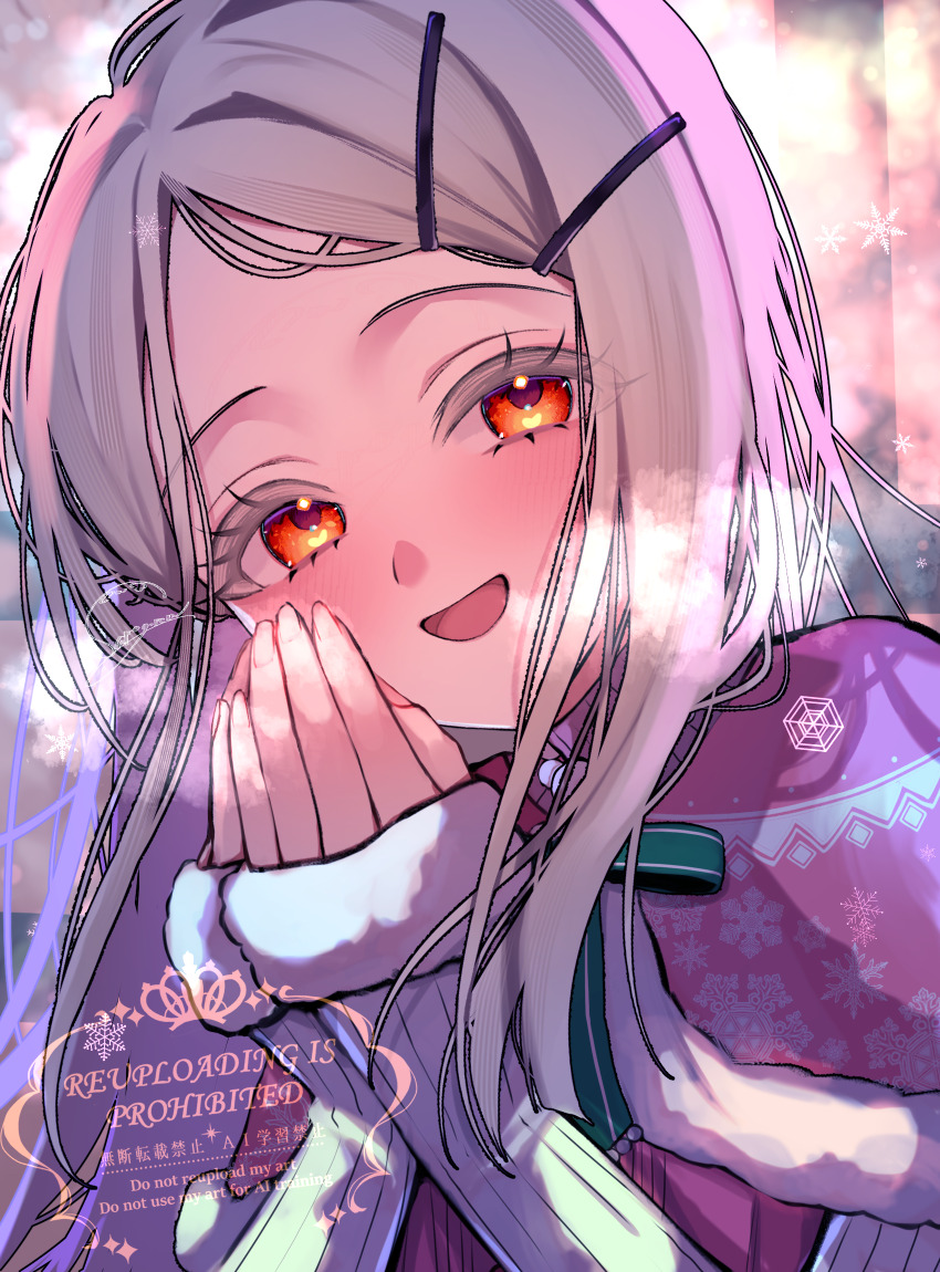 blush capelet colored_eyelashes eukr5772 forehead fur_trim gakuen_idolmaster green_ribbon hair_ornament hairclip highres idolmaster long_hair looking_at_viewer open_mouth own_hands_together pink_capelet ribbon shinosawa_hiro sidelocks sleeves_past_wrists steam_from_mouth sweater upper_body warming_hands white_hair white_sweater