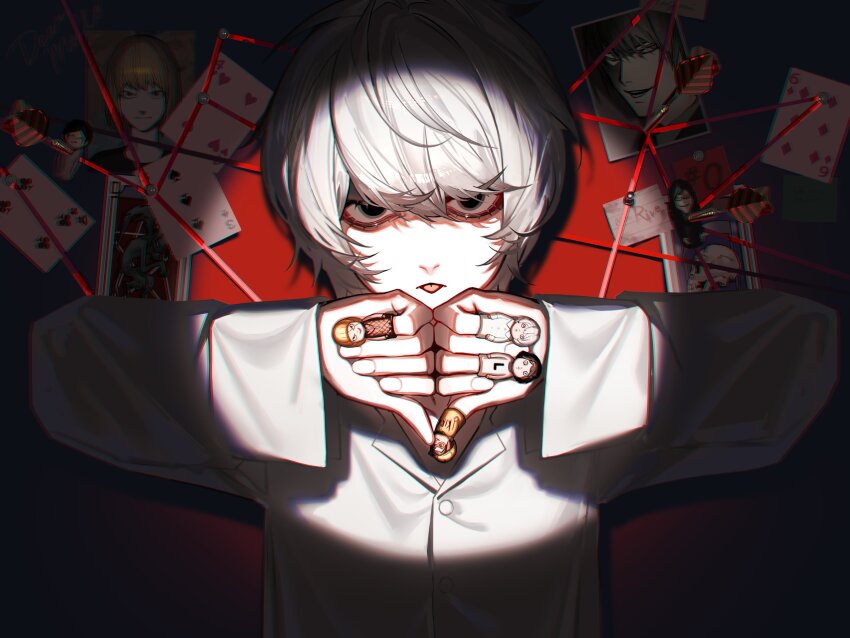 1boy :p absurdres bags_under_eyes black_eyes black_shirt blonde_hair buttons card character_doll character_name dark_background dart death_note doll double_thumbs_down empty_eyes evidence_board finger_puppet fingernails grey_hair hair_between_eyes hands_up highres l_(death_note) long_sleeves looking_at_viewer male_focus mello_(death_note) mikami_teru n_a994014 near_(death_note) one_eye_closed open_mouth own_hands_together photo_(object) playing_card puppet red_background shirt short_hair sidelocks skull solo spotlight straight-on string thumbs_down thumbtack tongue tongue_out toy upper_body v-neck white_shirt yagami_light