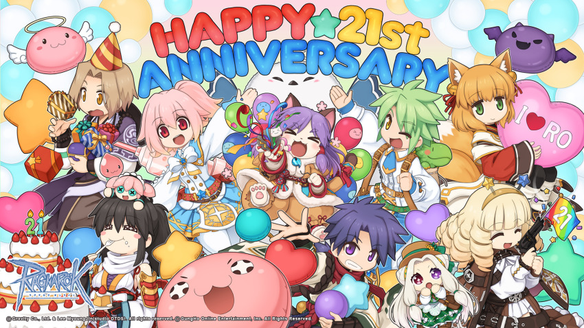 +_+ 3boys 6+girls :3 :d angeling animal_ears anniversary armor balloon barefoot bell belt bird black_hair blonde_hair blue_necktie blue_skirt bow bowtie box breasts brown_belt brown_coat brown_hair brown_hairband brown_skirt buttons cake cake_slice candle capelet cat_girl cat_tail child_admin_beta closed_eyes closed_mouth coat cone_hair_bun confetti copyright_notice cowboy_shot detached_sleeves deviling double_bun drill_hair eating flag_gun food fox_ears fox_girl fox_tail fur_coat gift gift_box gold_trim green_eyes grey_capelet grey_hair grin gun hair_bell hair_bun hair_ornament hair_ribbon hairband halo handgun heterochromia highres holding holding_gun holding_weapon hyper_novice_(ragnarok_online) i_heart... iwin_(ragnarok_online) japanese_armor jingle_bell kote logo long_hair long_sleeves looking_at_viewer low_ponytail medium_breasts medium_hair multiple_boys multiple_girls necktie night_watch_(ragnarok_online) official_art official_wallpaper one_eye_closed open_mouth orange_eyes party_popper pink_hair pitaya_(ragnarok_online) pleated_skirt ponytail pope_(ragnarok_online) poring puffy_long_sleeves puffy_sleeves purple_eyes purple_hair ragnarok_online red_bow red_eyes revolver ribbon rope shinkiro_(ragnarok_online) shiranui_(ragnarok_online) shirt short_hair short_necktie skirt sky_emperor_(ragnarok_online) small_breasts smile soul_ascetic_(ragnarok_online) spirit_handler_(ragnarok_online) tail tail_bow tail_ornament weapon white_bow white_bowtie white_coat white_shirt white_sleeves white_wings wings yellow_eyes yuichirou