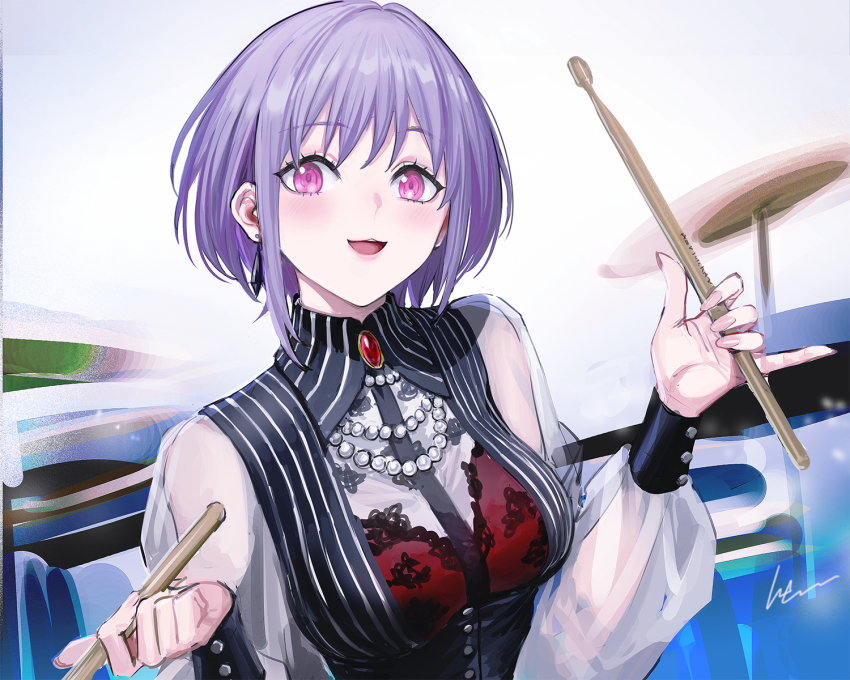 1girl :3 amoris_(bang_dream!) bang_dream! bang_dream!_it&#039;s_mygo!!!!! bead_necklace beads blush breasts commentary drum drum_set drumsticks earrings highres holding holding_drumsticks infukun instrument jewelry medium_breasts necklace open_mouth pink_eyes purple_hair red_brooch short_hair solo yuutenji_nyamu