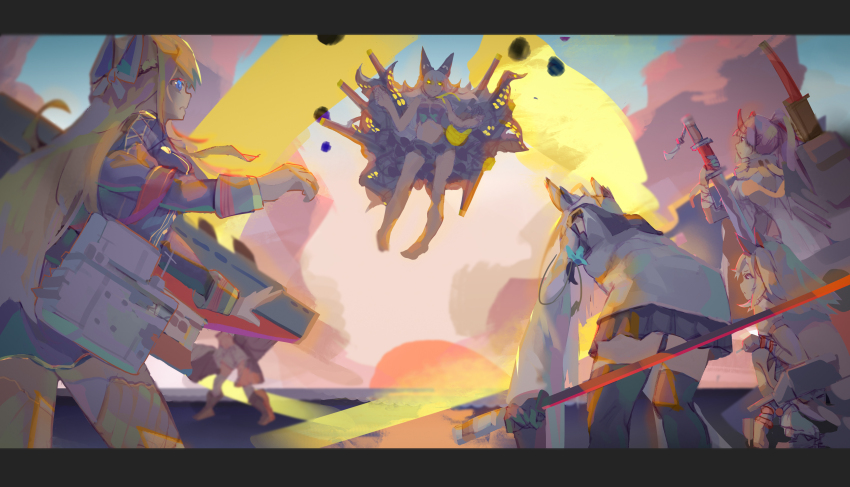 6+girls absurdres artillery azur_lane black_skirt black_thighhighs blonde_hair blue_bow blue_eyes blue_jacket bow day detached_sleeves flight_deck from_behind from_side glorious_(azur_lane) glowing glowing_eyes gold_trim hair_bow high_ponytail highres holding holding_sword holding_weapon horns izumo_(azur_lane) jacket kawakaze_(azur_lane) leaning_forward long_hair long_sleeves miniskirt multiple_girls multiple_swords observer_alpha_(azur_lane) outdoors ponytail purple_hair rigging siren_(azur_lane) skirt squatting sword tentacles thighhighs verbalthought warspite_(azur_lane) weapon white_hair white_jacket white_skirt white_thighhighs yellow_eyes yuudachi_(azur_lane) zettai_ryouiki