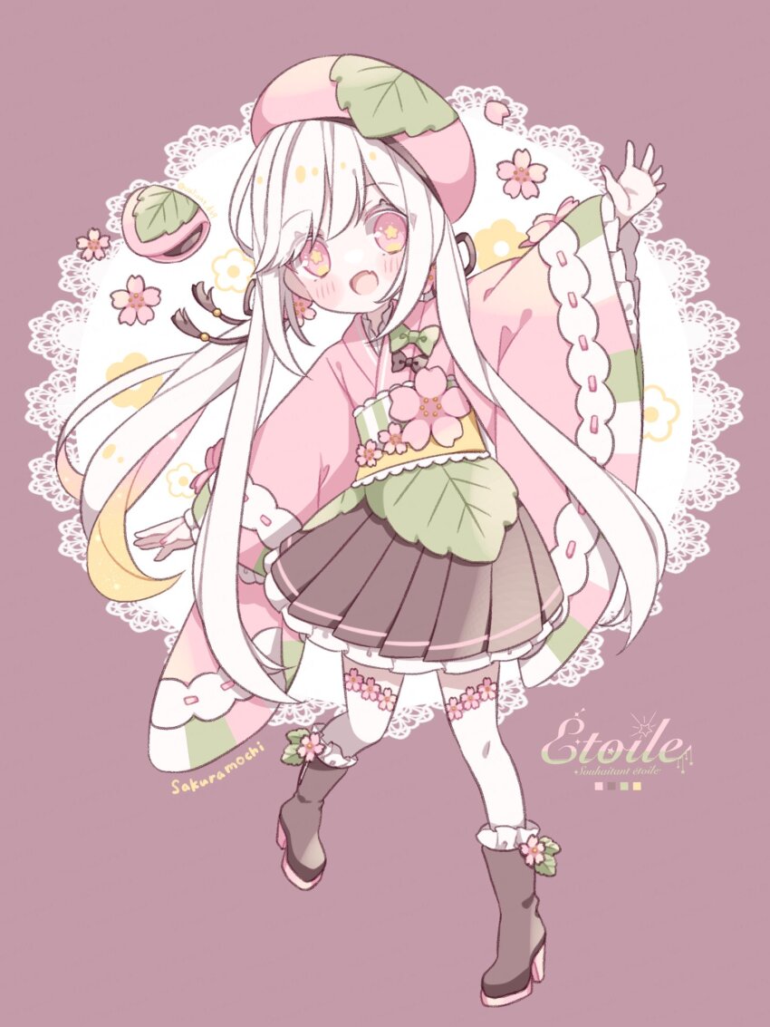 1girl :d artist_name beret black_boots black_skirt blush boots cherry_blossoms doily fang full_body hat high_heel_boots high_heels highres japanese_clothes kimono kuzuhara_kazuya layered_sleeves legs_apart long_bangs long_sleeves looking_at_viewer miniskirt obi open_hands open_mouth original outstretched_arms petals petticoat pink_background pink_eyes pink_hat pink_kimono pleated_skirt ponytail sash sidelocks simple_background skin_fang skirt smile solo star-shaped_pupils star_(symbol) symbol-shaped_pupils thighhighs white_hair white_thighhighs wide_sleeves zettai_ryouiki