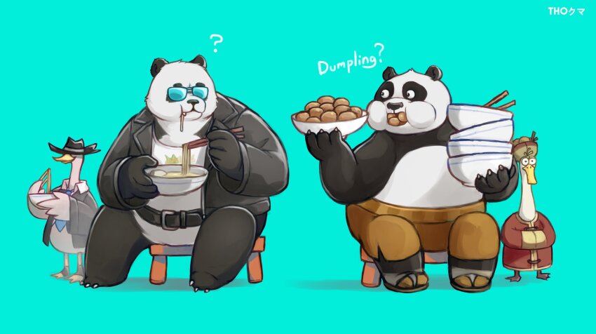 4boys ? animal_ears arknights arknights:_endfield artist_name beak belly black_hat black_jacket black_suit blue_background blue_necktie bowl brown_pants chopsticks commentary da_pan_(arknights) duck_boy duck_lord_(arknights) dumpling eating english_commentary english_text fat fat_man fedora food formal_clothes hat highres holding holding_bowl holding_chopsticks jacket kung_fu_panda looking_at_viewer looking_to_the_side mr._ping_(kung_fu_panda) multiple_boys necktie no_pants noodles panda_boy panda_ears pants po_(kung_fu_panda) red_shirt shirt sitting suit sunglasses thokuma topless_male translated