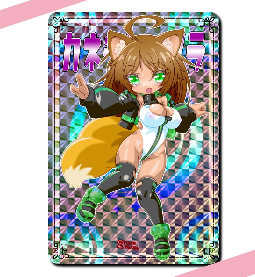 1girl absurdres ahoge alice_gear_aegis animal_ears black_jacket black_thighhighs breasts brown_hair character_name circle_cutout cleavage cleavage_cutout clothing_cutout companion/af covered_collarbone fox_ears fox_tail front_zipper full-length_zipper full_body green_eyes green_shoes heattech_leotard highleg highleg_leotard highres jacket kaneshiya_sitara kemonomimi_mode kuromaru-4321 large_breasts leotard long_hair multicolored_leotard race_queen shoes sleeveless_turtleneck_leotard solo tail thighhighs turtleneck two-tone_leotard white_leotard zipper zipper_leotard zipper_pull_tab