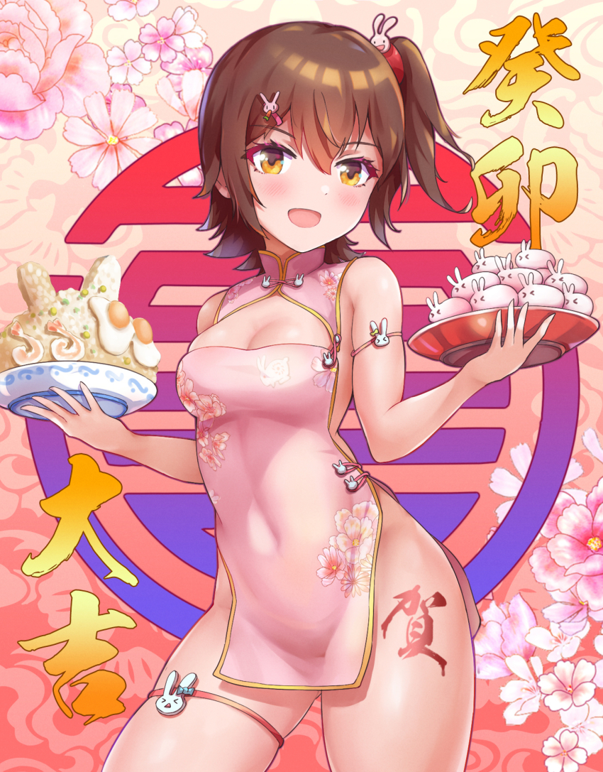 1girl arm_strap bare_shoulders blush body_writing breasts brown_eyes brown_hair china_dress chinese_clothes chinese_new_year cleavage cleavage_cutout clothing_cutout covered_navel cowboy_shot dress floral_background floral_print_dress food fried_egg fried_rice hair_between_eyes hair_ornament hairclip highres holding holding_plate idolmaster idolmaster_million_live! kasuga_mirai koaya looking_at_viewer no_panties one_side_up open_mouth pelvic_curtain pink_dress plate print_dress rabbit_hair_ornament short_hair shrimp sleeveless sleeveless_dress smile solo standing thigh_strap