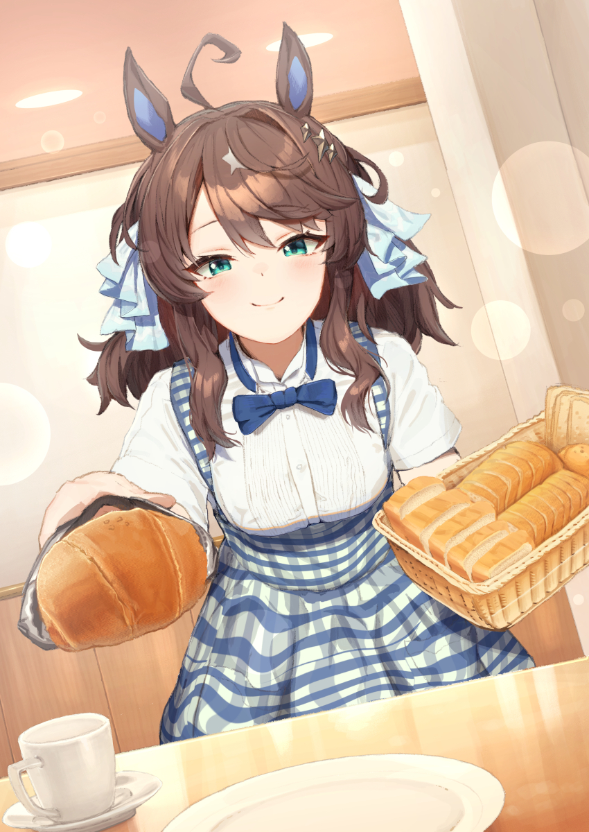 1girl absurdres animal_ears black_hair blue_eyes bow bowtie bread closed_mouth commentary_request commission daring_tact_(umamusume) food highres horse_ears horse_girl indoors kobeya kobeya_uniform looking_at_viewer skeb_commission smile solo star_(symbol) tsujiya_okuyasu umamusume