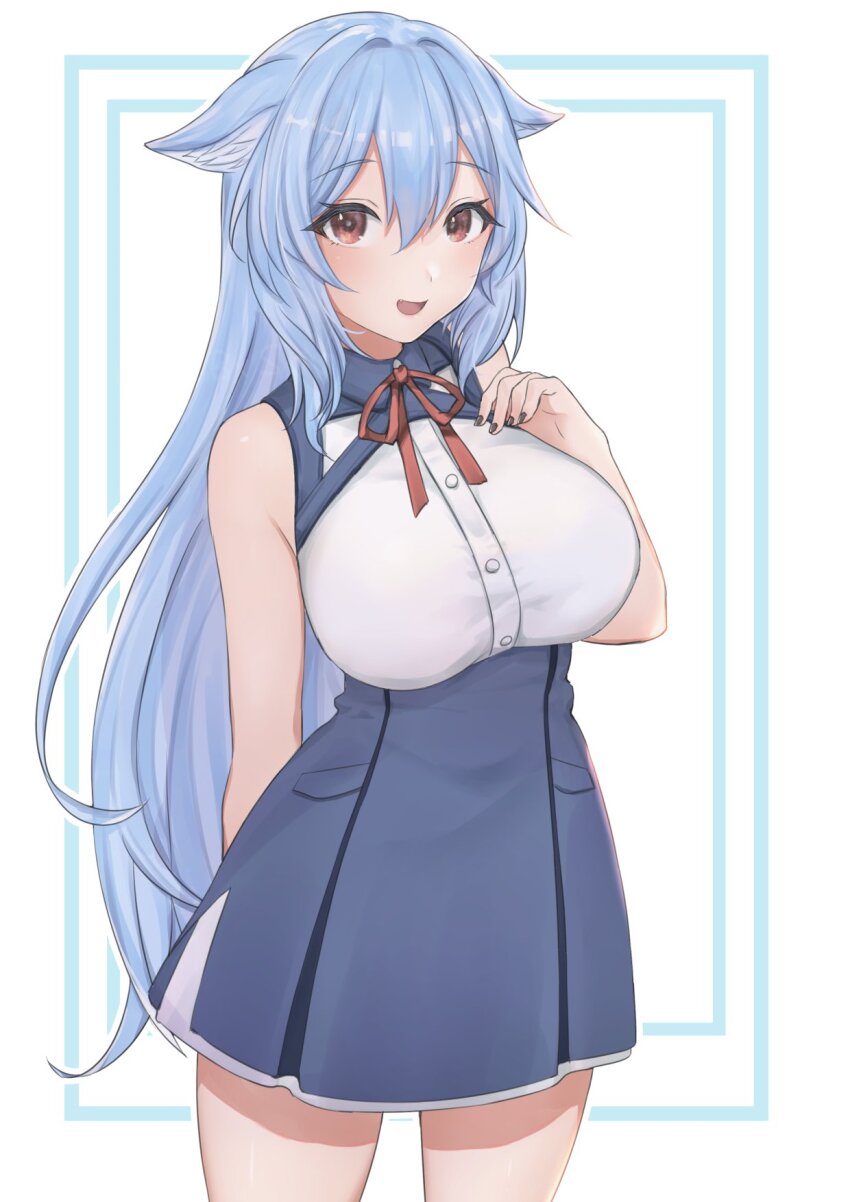 1girl :d animal_ear_fluff animal_ears arm_behind_back bare_arms bare_shoulders blue_dress blue_hair blue_skirt blush borrowed_character breasts brown_eyes cowboy_shot dress hair_between_eyes hand_on_own_chest hand_up high-waist_skirt highres kikyo_(vrchat) kxbxsxn large_breasts long_hair looking_at_viewer neck_ribbon open_mouth red_eyes red_ribbon ribbon shirt simple_background skirt sleeveless sleeveless_shirt smile solo standing very_long_hair vrchat white_background white_shirt