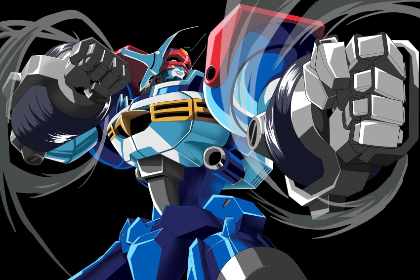 absurdres black_background clenched_hands dendou fighting_stance gear_senshi_dendou highres kds_(0049) mecha mecha_focus no_humans robot spinning super_robot wind