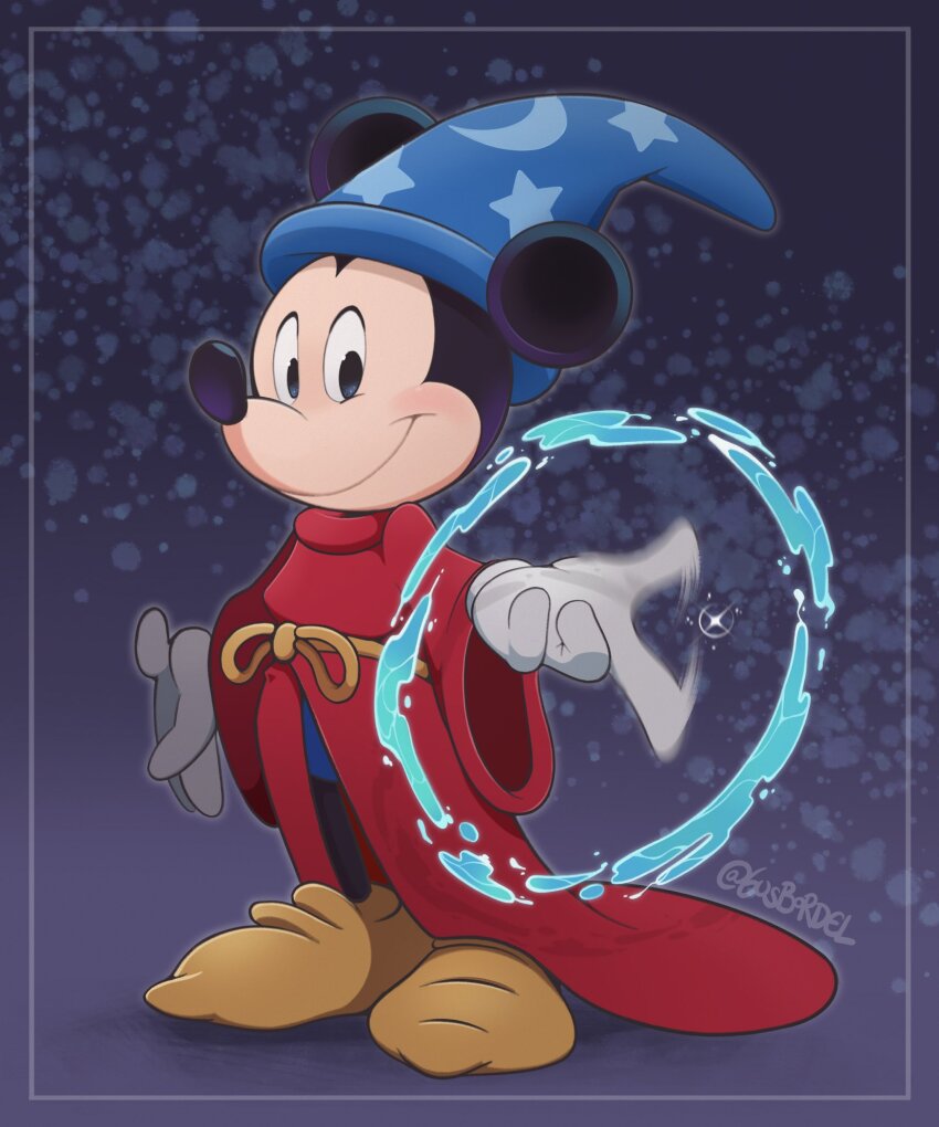 1boy animal_ears closed_mouth disney fantasia_(disney) full_body gloves gusbordel hat highres looking_at_viewer magic mickey_mouse mickey_mouse_&amp;_friends mouse_boy smile solo the_sorcerer&#039;s_apprentice wizard wizard_hat