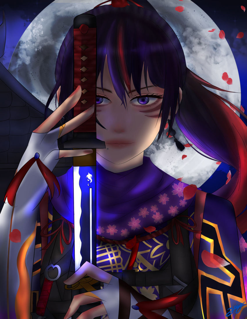 1girl black_and_red_and_purple_hair cherry_blossoms highres crystal_sword kitsune_marks kiyondr kunimitsu_ii ninja purple_eyes moon namco night night_sky ponytail sky tekken weapons