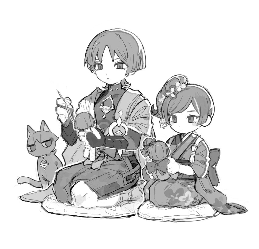 1boy 1girl aged_down animal animalization armor cat chiori_(genshin_impact) closed_mouth floral_print genshin_impact greyscale hair_ornament highres holding japanese_armor japanese_clothes kimono kote monochrome needle person_and_animalization scaramouche_(cat)_(genshin_impact) scaramouche_(genshin_impact) seiza sewing_needle shima_(vivi_do) side_ponytail simple_background sitting stuffed_toy wanderer_(genshin_impact)